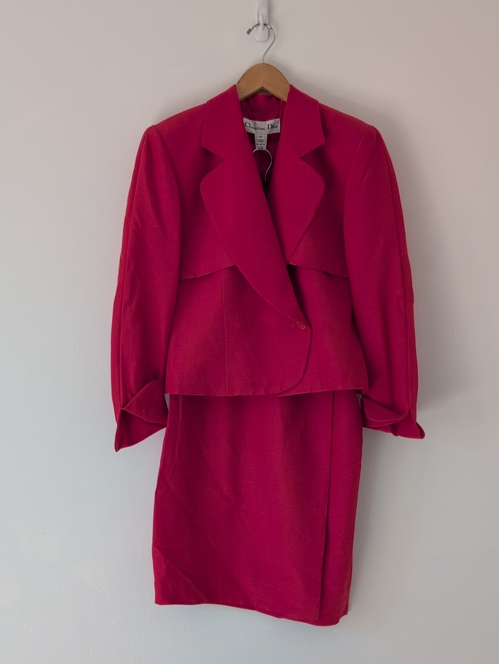 Dior Vintage 80s 90s Fuchsia Pink Pencil Skirt Suit Jacket & Belt Set Sz 4
